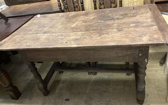 An 18th century and later oak refectory dining table with single drawer, width 81cm, length 152cm, height 77cm